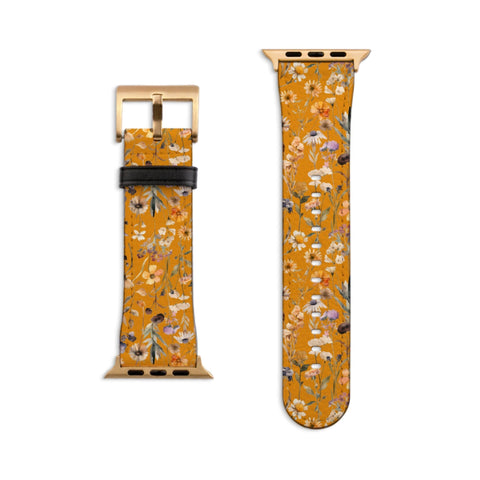 Aesthetic Golden Wildflowers Apple Watch Band - Vegan Leather Strap With Cute Floral Design - 38mm 40mm 42mm 44mm All Series 9