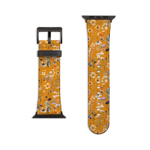 Aesthetic Golden Wildflowers Apple Watch Band - Vegan Leather Strap With Cute Floral Design - 38mm 40mm 42mm 44mm All Series 9