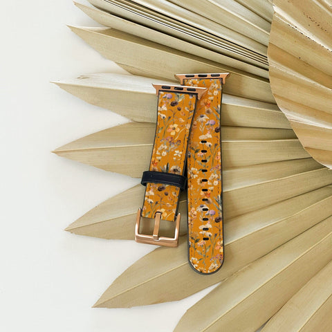 Aesthetic Golden Wildflowers Apple Watch Band - Vegan Leather Strap With Cute Floral Design - 38mm 40mm 42mm 44mm All Series 9 (Feat)