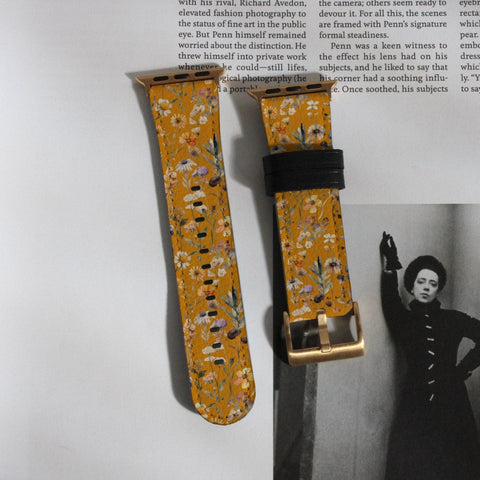 Aesthetic Golden Wildflowers Apple Watch Band - Vegan Leather Strap With Cute Floral Design - 38mm 40mm 42mm 44mm All Series 9 (Feat)