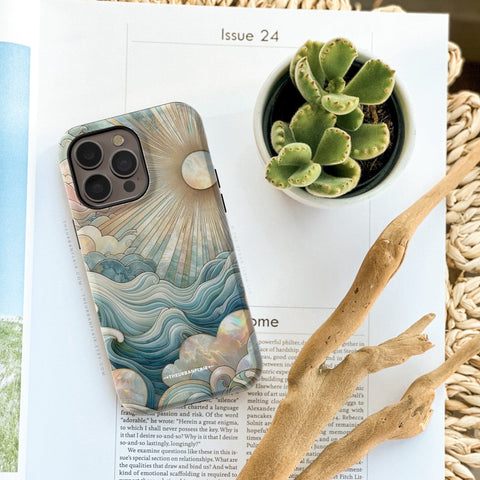 Ocean Waves & Sun Rays Stained Glass Illusion Print Tough Phone Case For iPhone 15 14 13 12 7 8 SE 2022  - On Sale! (Feat)