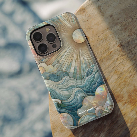 Ocean Waves & Sun Rays Stained Glass Illusion Print Tough Phone Case For iPhone 15 14 13 12 7 8 SE 2022  - On Sale! (Feat)