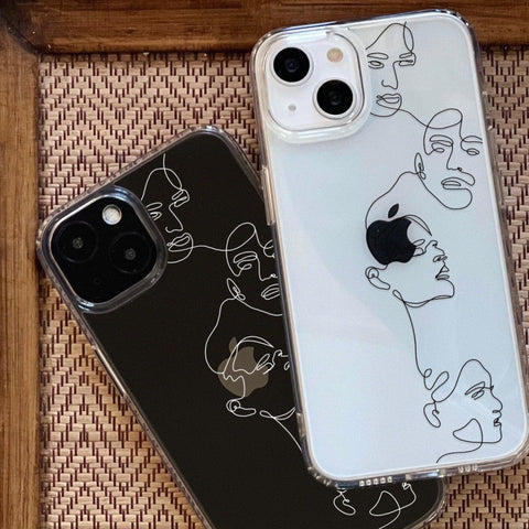 Minimal Line Art Faces Case For iPhone 13 12 Mini 11 Pro Max 7 8 SE 2020 XR XS Clear Cover With Simple Aesthetic Artsy Design Galaxy S22 Feat