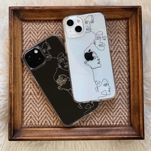 Minimal Line Art Faces Case For iPhone 13 12 Mini 11 Pro Max 7 8 SE 2020 XR XS Clear Cover With Simple Aesthetic Artsy Design Galaxy S22 Feat