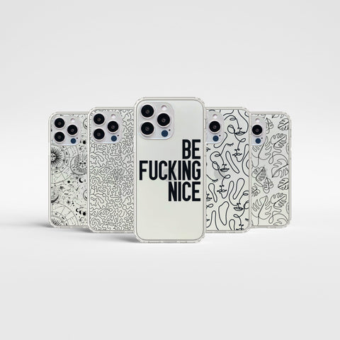 Minimal Phone Cases For New White Silver iPhone 14 Pro and 14 Pro Max Clear Cases With Aesthetic Line Art Designs By The Urban Flair Feat