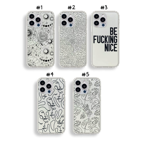 Minimal Phone Cases For New White Silver iPhone 14 Pro and 14 Pro Max Clear Cases With Aesthetic Line Art Designs By The Urban Flair Feat