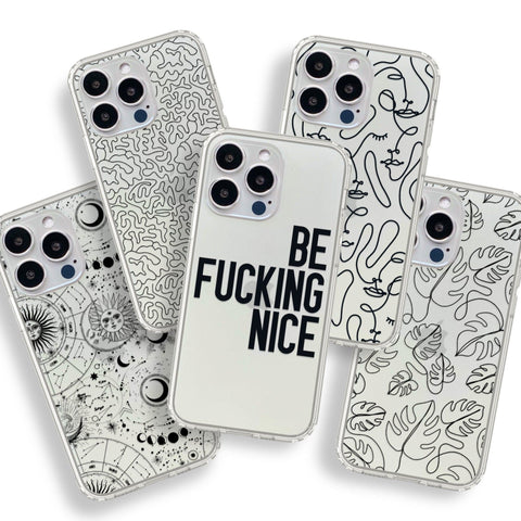 Minimal Phone Cases For New White Silver iPhone 14 Pro and 14 Pro Max Clear Cases With Aesthetic Line Art Designs By The Urban Flair Feat