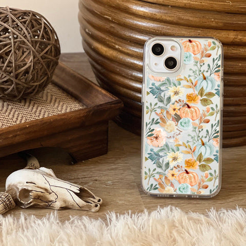 Orange Teal Fall Pumpkins Phone Case For iPhone 14 Plus 13 12 Mini XR 7 8 SE Clear Cover With Cute Autumn Halloween Design Galaxy S22 Ultra Feat