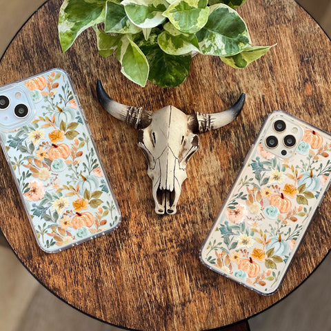 Orange Teal Fall Pumpkins Phone Case For iPhone 14 Plus 13 12 Mini XR 7 8 SE Clear Cover With Cute Autumn Halloween Design Galaxy S22 Ultra Feat