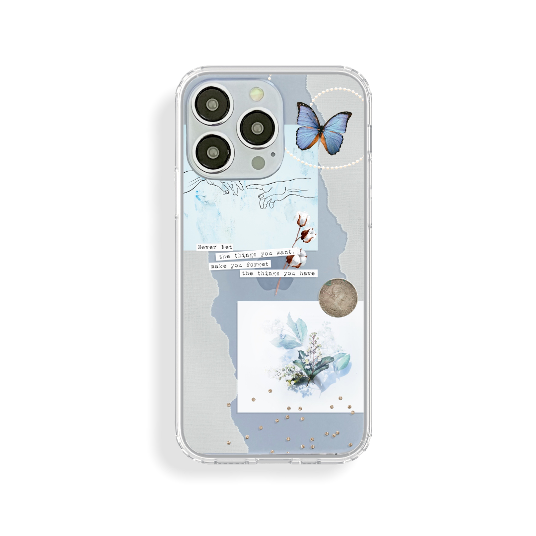 Pale Blue Butterfly Scraps Clear Phone Case