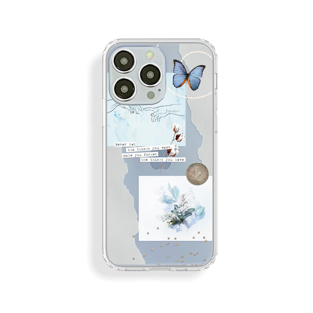 Pale Blue Butterfly Scraps Clear Phone Case for Apple iPhone 13 (&– The ...