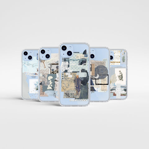 Aesthetic Collage Scrap Phone Cases For New Blue iPhone 14 and 14 Plus Clear Cases With Cute Moodboard Designs By The Urban Flair Feat