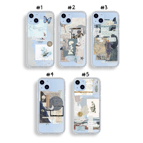 Aesthetic Collage Scrap Phone Cases For New Blue iPhone 14 and 14 Plus Clear Cases With Cute Moodboard Designs By The Urban Flair Feat