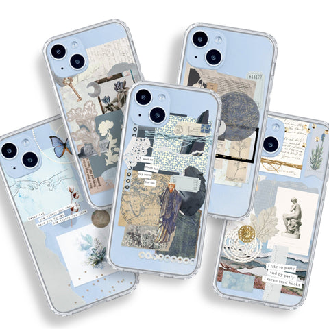 Aesthetic Collage Scrap Phone Cases For New Blue iPhone 14 and 14 Plus Clear Cases With Cute Moodboard Designs By The Urban Flair Feat