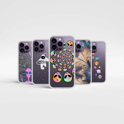 Space Alien Phone Cases For New Deep Purple iPhone 14 Pro and 14 Pro Max Clear Cases With Aesthetic Designs By The Urban Flair Feat