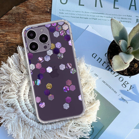 Purple Honeycomb Phone Case For iPhone 14 Plus 13 Pro Max 12 Mini XR 7 8 Clear Cover With Hexagon Geometric Design Galaxy S22 Feat