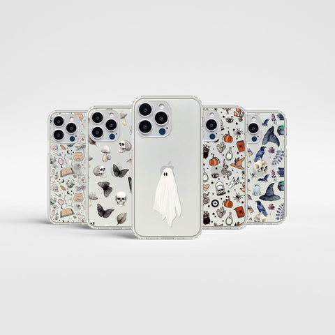 Spooky Halloween Phone Cases For New White Silver iPhone 14 Pro & 14 Pro Max Clear Cases With Aesthetic Mystic Designs By The Urban Flair Feat