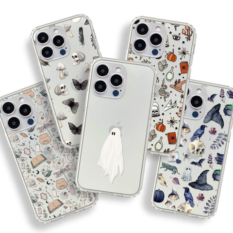 Spooky Halloween Phone Cases For New White Silver iPhone 14 Pro & 14 Pro Max Clear Cases With Aesthetic Mystic Designs By The Urban Flair Feat
