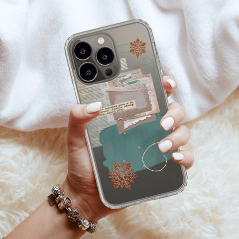 Teal Winter Scraps Collage Clear Phone Case For iPhone 13 12 Mini 11 Pro Max XR XS 7 8 Plus SE 2020 Galaxy S20 Fe S21 Ultra Aesthetic Design Feat
