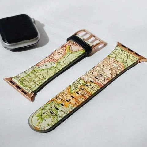 Shop The Travel Map Apple Watch Band Exclusively at The Urban Flair - Trendy Faux/Vegan Leather iWatch Straps - Affordable Replacements Bands For Women