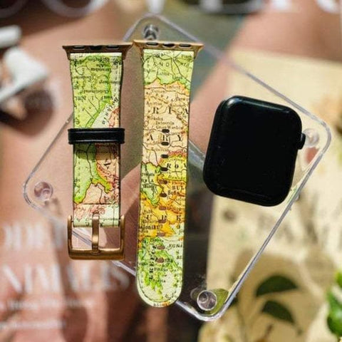 Shop The Travel Map Apple Watch Band Exclusively at The Urban Flair - Trendy Faux/Vegan Leather iWatch Straps - Affordable Replacements Bands For Women