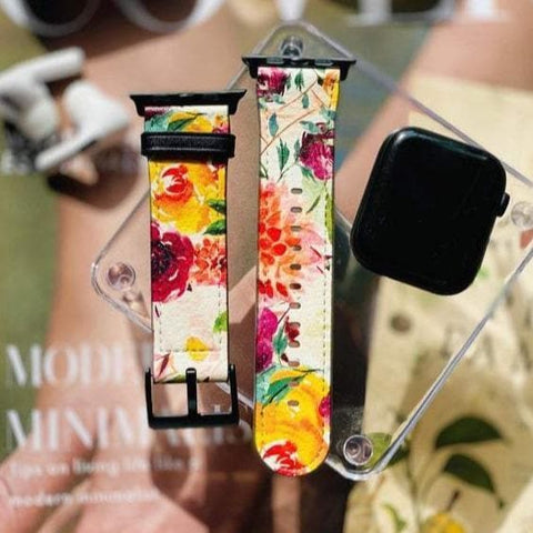 Shop The Watercolor Flowers Apple Watch Band Exclusively at The Urban Flair - Trendy Faux/Vegan Leather iWatch Straps - Affordable Replacements Bands For Women