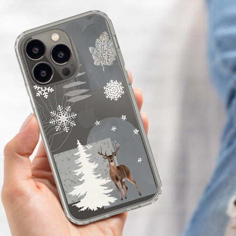 Winter Deer Collage Clear Phone Case For iPhone 13 12 Mini 11 Pro Max XR XS 7 8 Plus SE 2020 Galaxy S20 Fe S21 With Cute Snowflake Design Feat